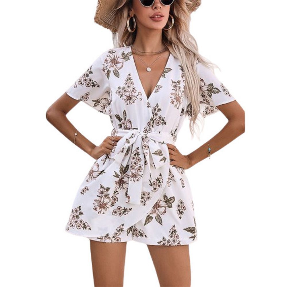UDEAR White & Coffee Floral Belted Wrap Romper Size M